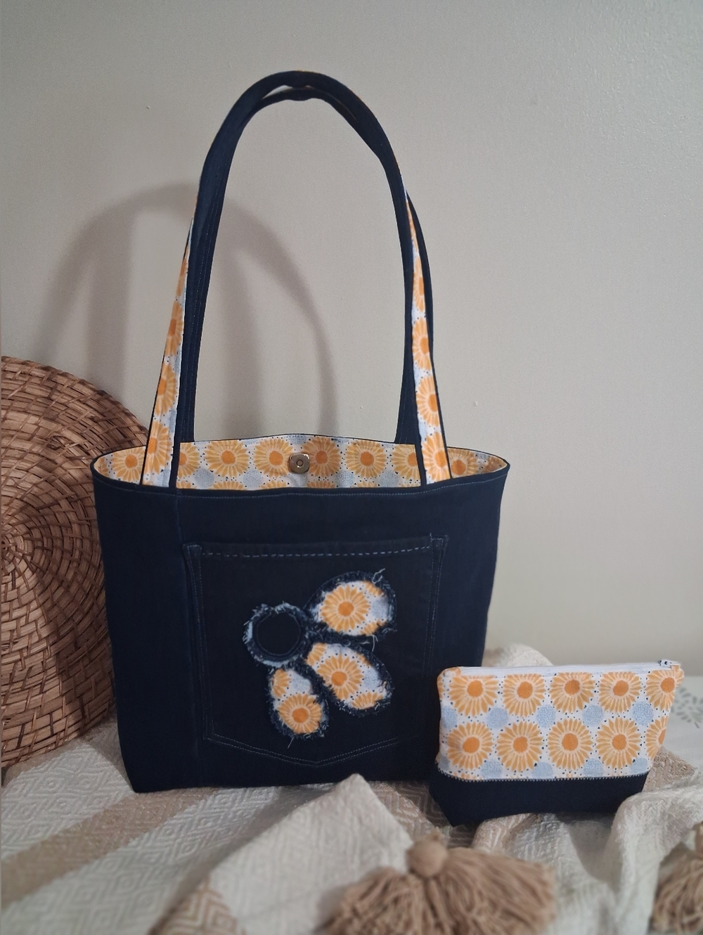 New Navy Denim  Floral-Trim Tote Bag Purse & Zipper Bag